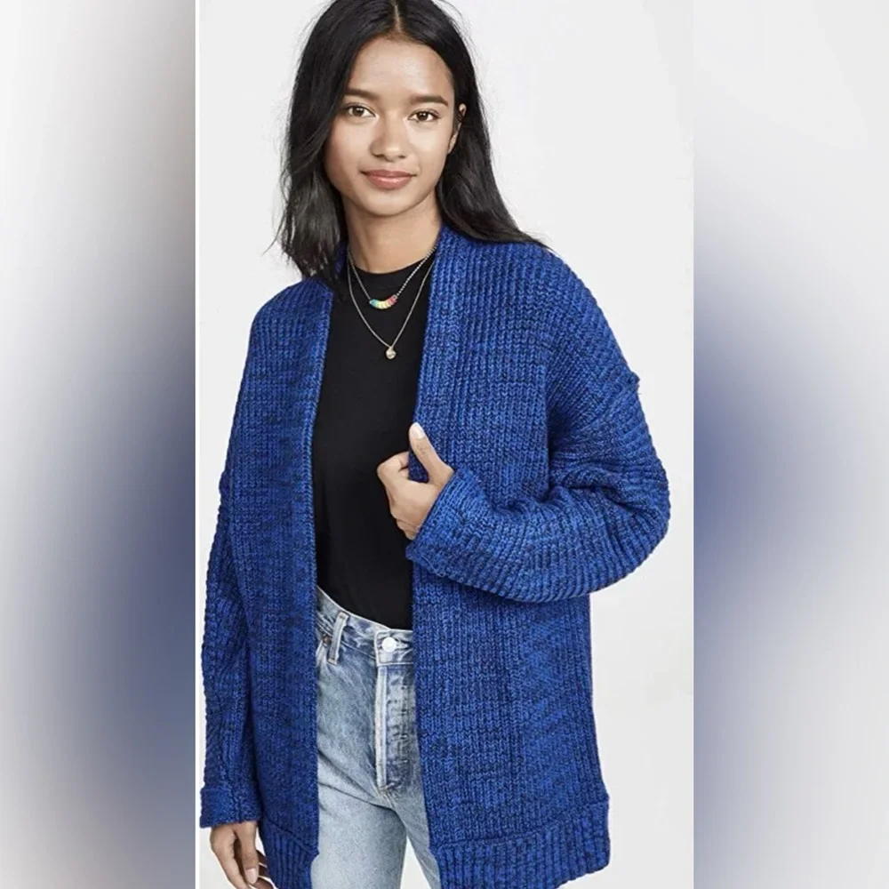 Free People High Hopes Chunky Knit Open‎ Front Cardigan in Blue Combo Size Large